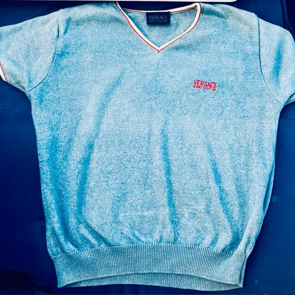 Versace Jeans Couture - Vintage Blue V-Neck Sweater with Red & White, size - S